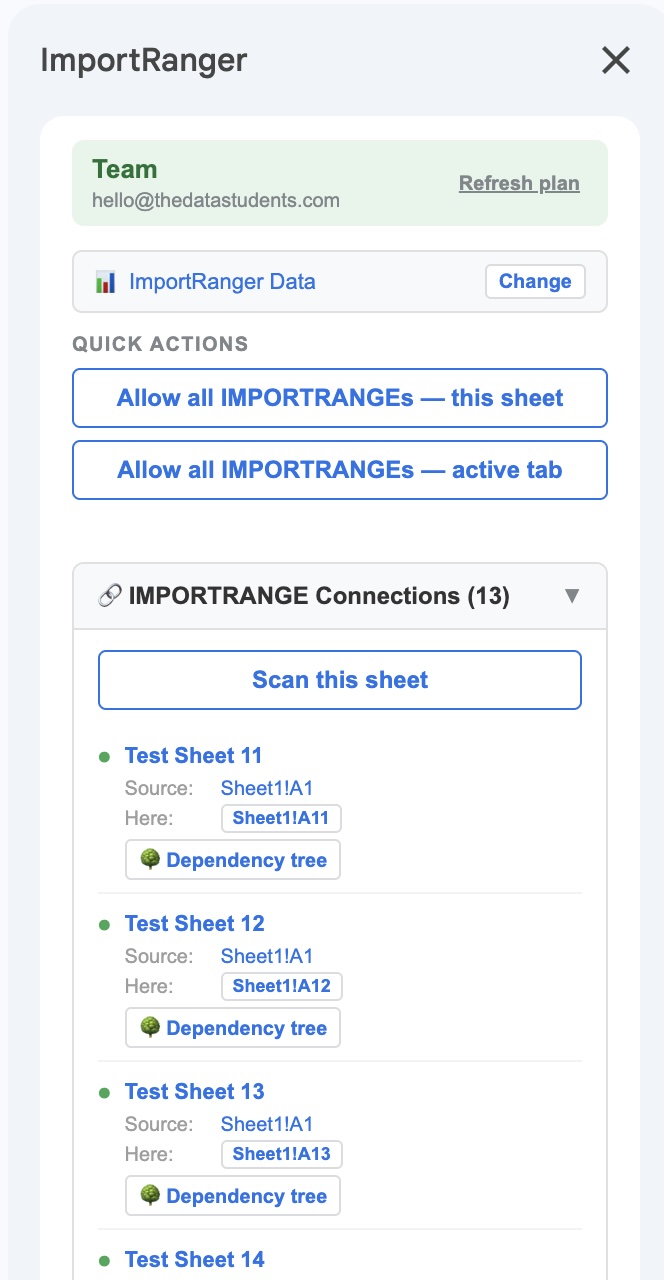 ImportRanger sidebar showing IMPORTRANGE connections with status and authorise buttons